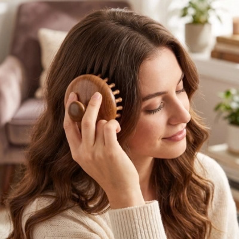 Brosse massage cuir chevelu utilisée près de l’oreille