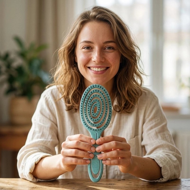Brosse à cheveux tenue par une femme souriante