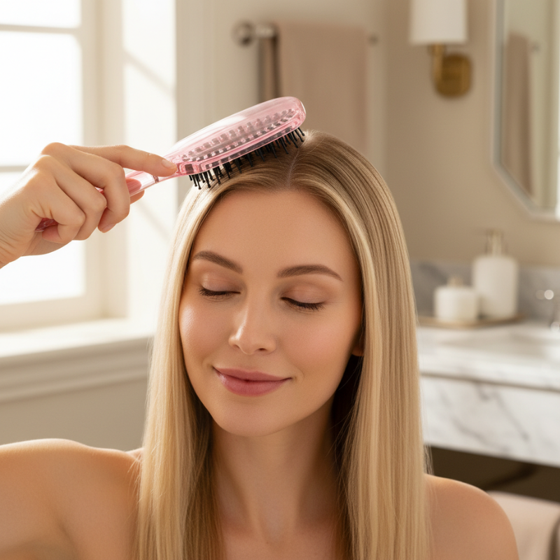 Brosse à cheveux transparente – stimulation cuir chevelu blonde