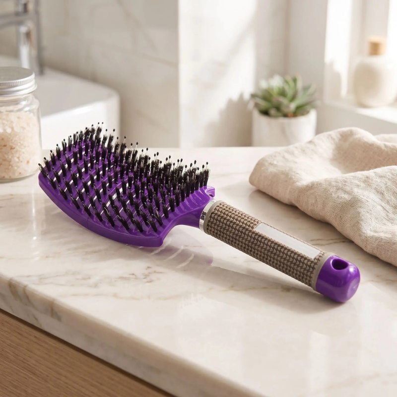 Brosse à cheveux violet poils moelleux démêlante