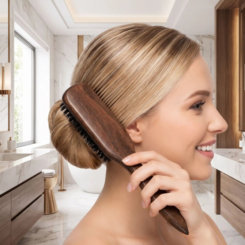 Brosse cheveux bois femme blonde lissant son chignon