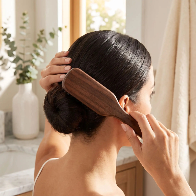 Brosse cheveux bois femme de dos lissant un chignon