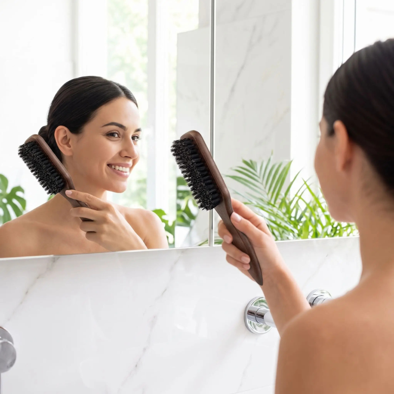 Brosse cheveux bois femme la tenant en souriant devant miroir