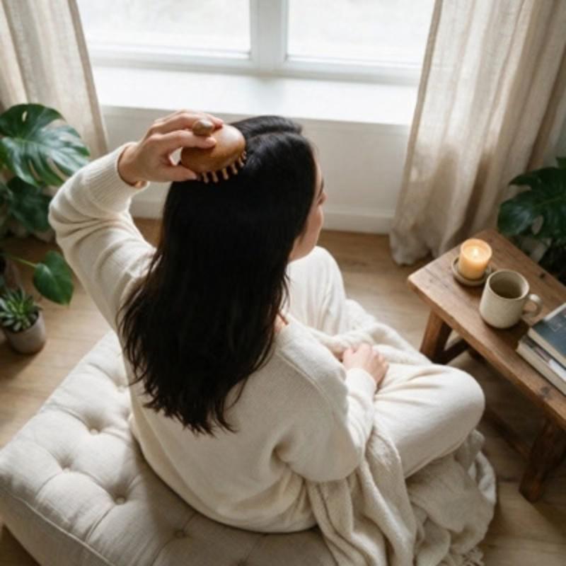 Brosse massage cuir chevelu utilisée derrière la tête