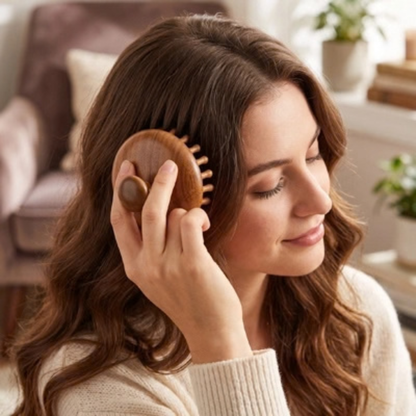 Brosse massage cuir chevelu utilisée près de l’oreille