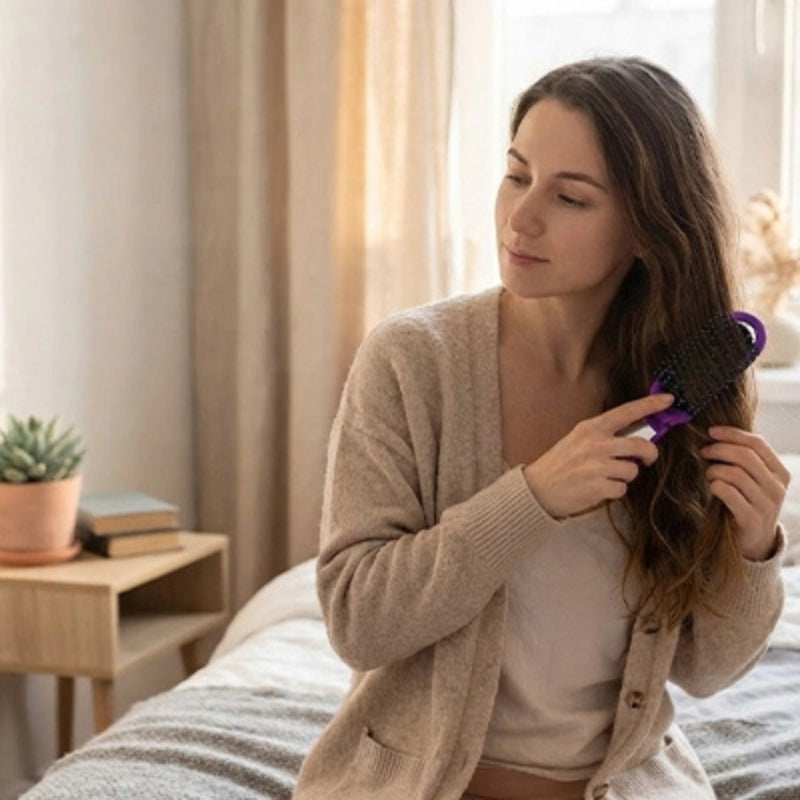 Brosse pour cheveux noire utilisée sur les longueurs brunes