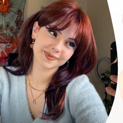Frange rideau cheveux bouclés mi long look élégant