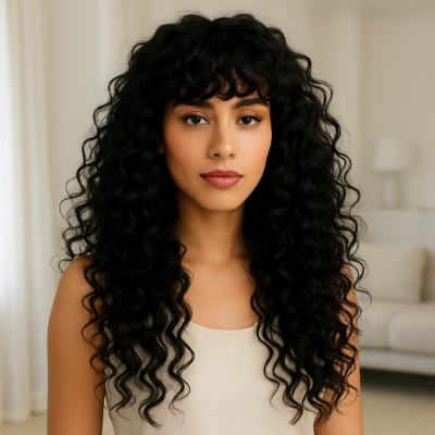 Frange rideau ondulée sur cheveux bouclés