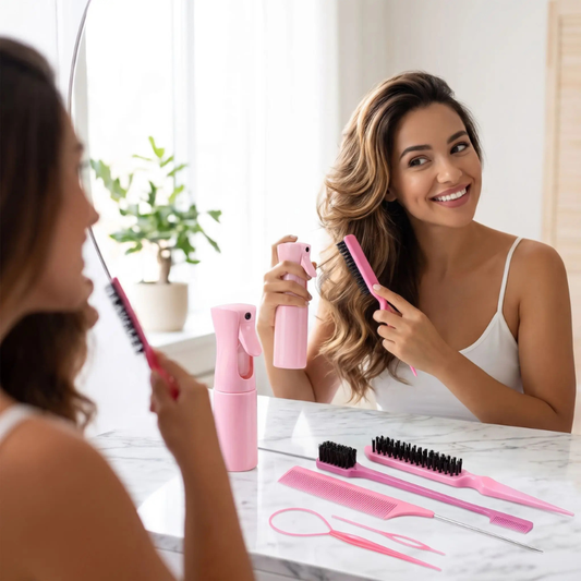 Kit 6 Brosses à Cheveux rose femme brossant ses cheveux spray boucle