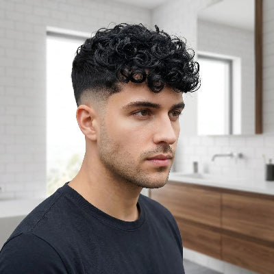 Perruque homme calvitie ultra-naturelle cheveux bouclés noirs