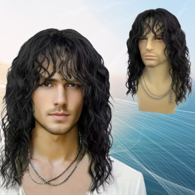 Perruque realiste homme bouclée marron foncé aspect naturel