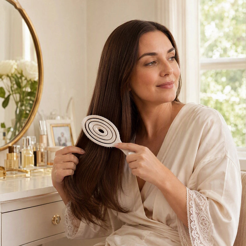 Brosse à cheveux blanc utilisée par une femme assise