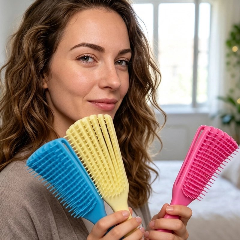Brosse à cheveux colorées présentées par une femme