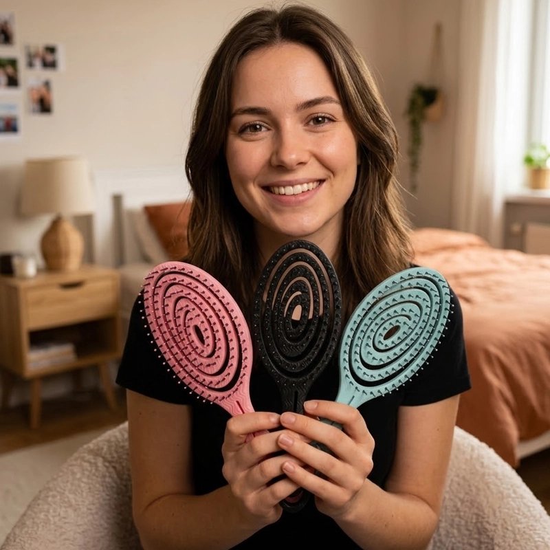 Brosse à cheveux rose noire et verte tenues par une femme