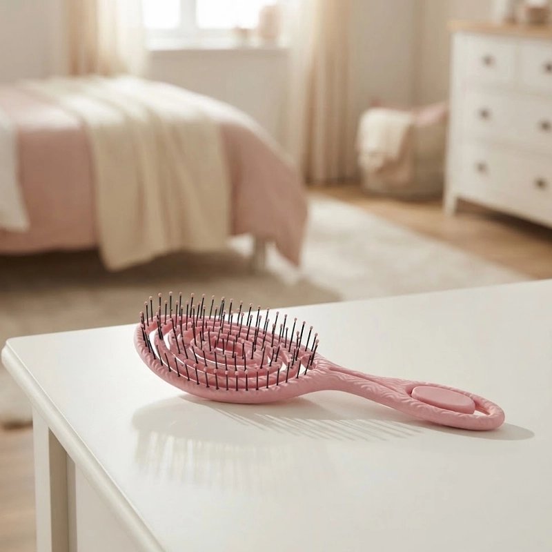 Brosse à cheveux rose posée sur une table
