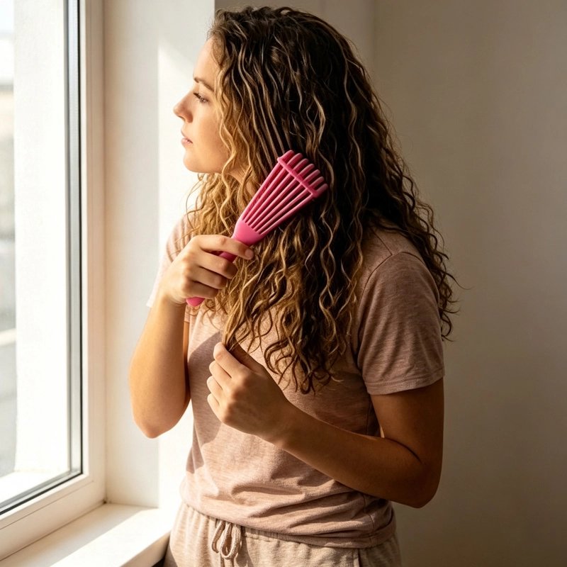 Brosse à cheveux rose utilisée par une femme devant la fenêtre 