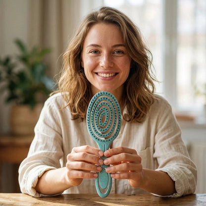 Brosse à cheveux tenue par une femme souriante