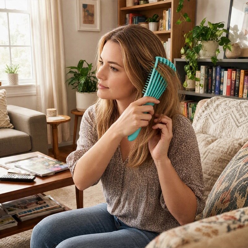 Brosse à cheveux turquoise utilisée par une femme assise