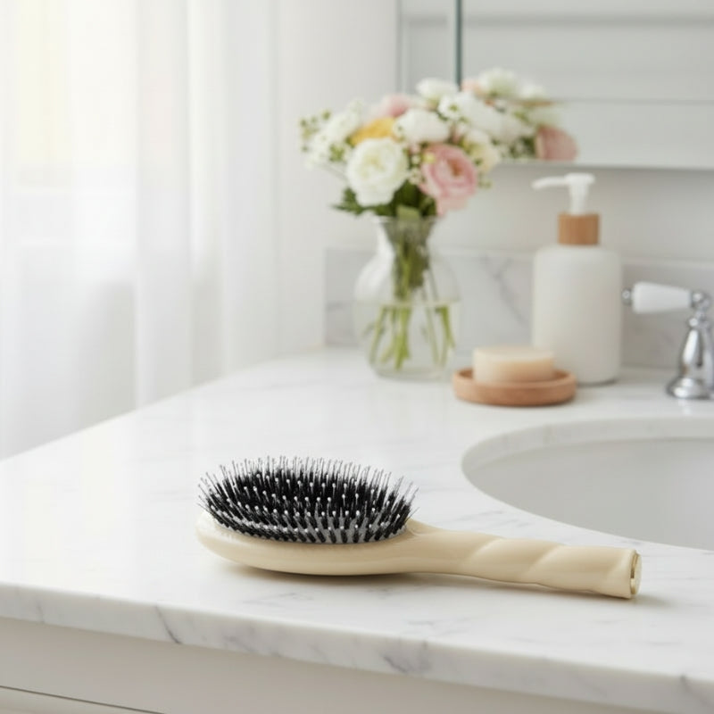 brosse cheveux beige posée sur meuble de salle de bain