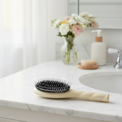 brosse cheveux beige posée sur meuble de salle de bain