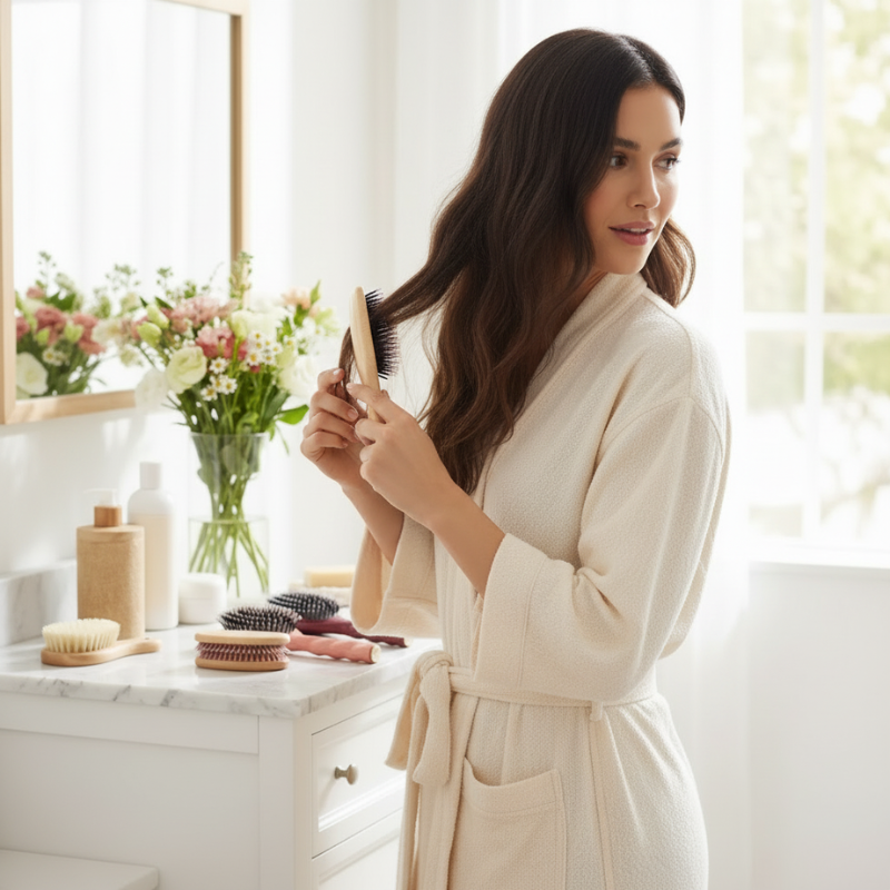 brosse cheveux beige tenue par une femme souriante