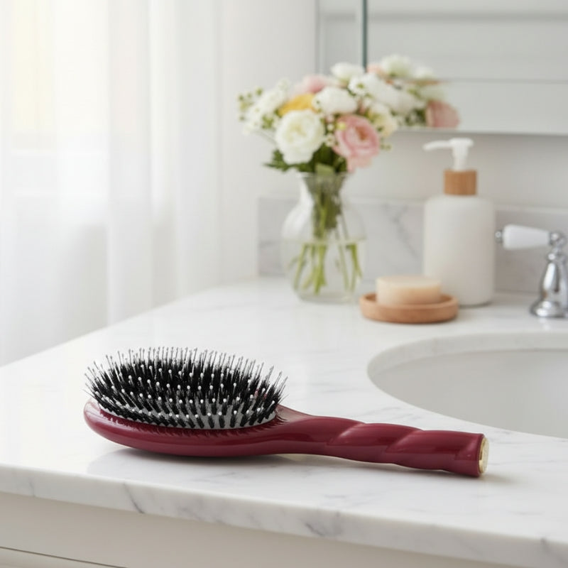 brosse cheveux bordeaux posée sur meuble de salle de bain