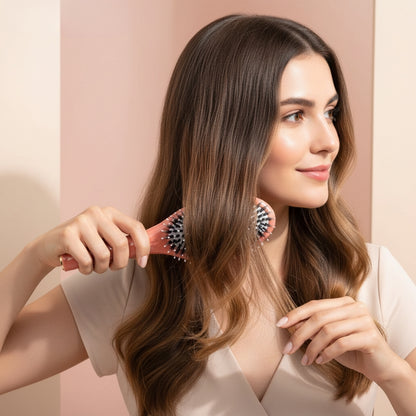 brosse cheveux rose utilisée pour démêler des cheveux bruns