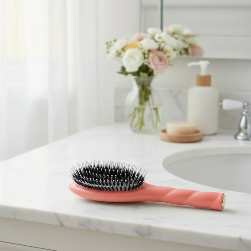 brosse cheveux saumon posée sur meuble de salle de bain