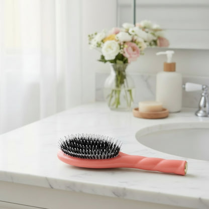 brosse cheveux saumon posée sur meuble de salle de bain