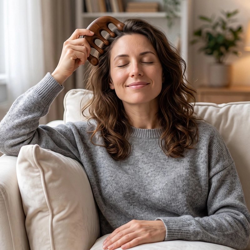 Brosse massage cuir chevelu​ utilisée par une femme souriante