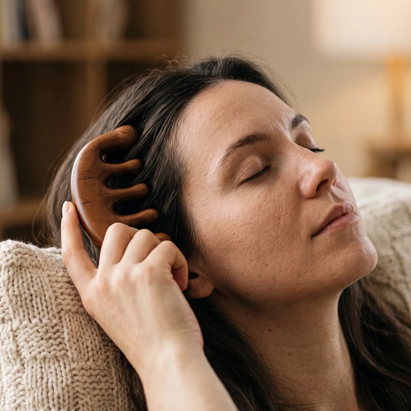 Brosse massage cuir chevelu​ utilisée par une femme yeux fermés
