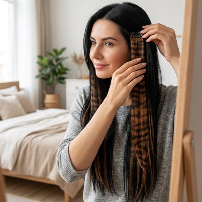 Extension boucles longues mèches cuivrées tendance