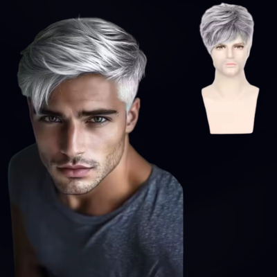 perruque homme réaliste gris argenté coupe courte naturelle
