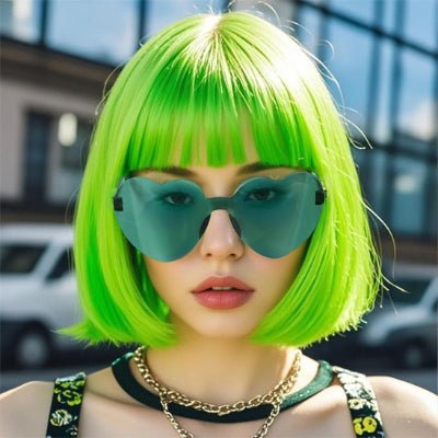 Perruque pour femme bob verte frange droite
