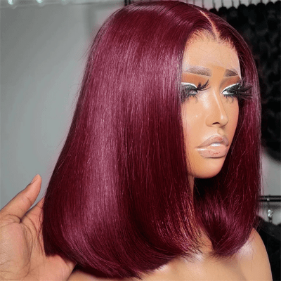 Perruques femmes couleur 99J bordeaux sur mannequin
